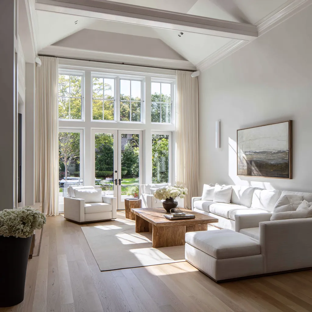 Minimal modern Hamptons living room with double-height glazing, a vaulted ceiling with one exposed beam Minimal modern Hamptons living room with double-height glazing, a vaulted ceiling with one exposed beam