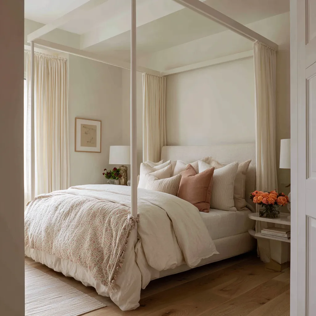 Minimal modern shabby chic bedroom with a thin white canopy frame, simple ivory curtains, pale upholstered bed Minimal modern shabby chic bedroom with a thin white canopy frame, simple ivory curtains, pale upholstered bed
