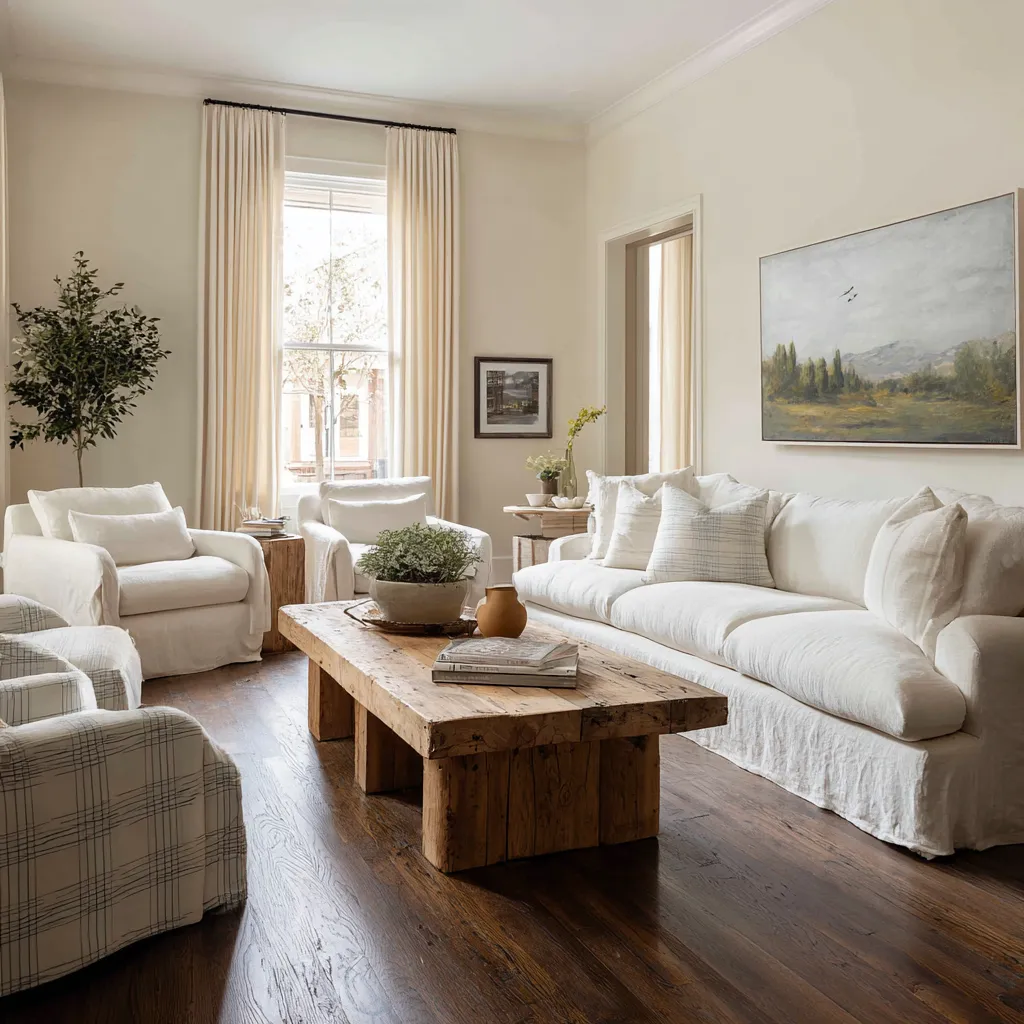Minimal modern shabby chic living room with long skirted sofa, white slipcovered armchairs Minimal modern shabby chic living room with long skirted sofa, white slipcovered armchairs
