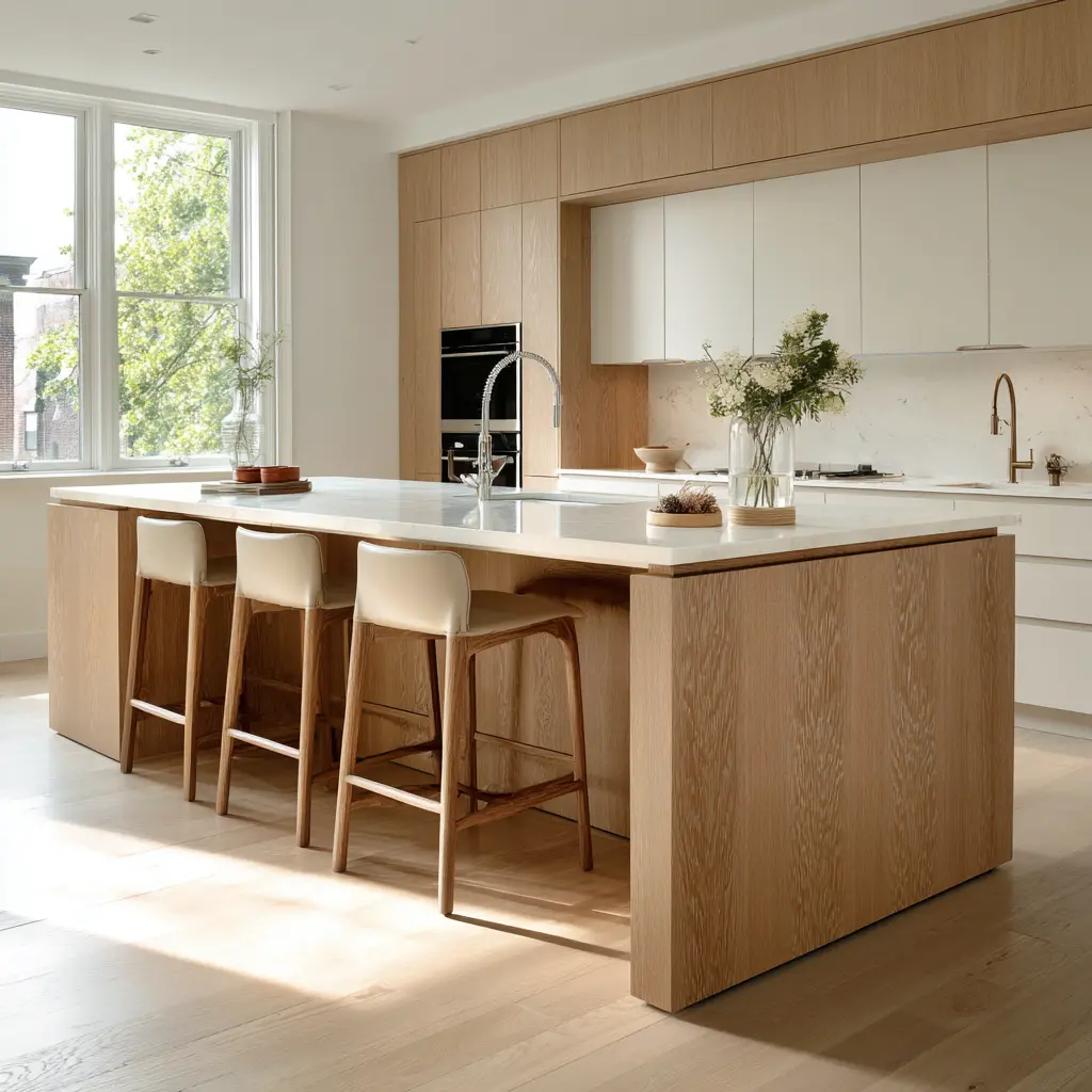 Minimal pale oak kitchen island with a broad stone top, matching upholstered stools, integrated sink Minimal pale oak kitchen island with a broad stone top, matching upholstered stools, integrated sink