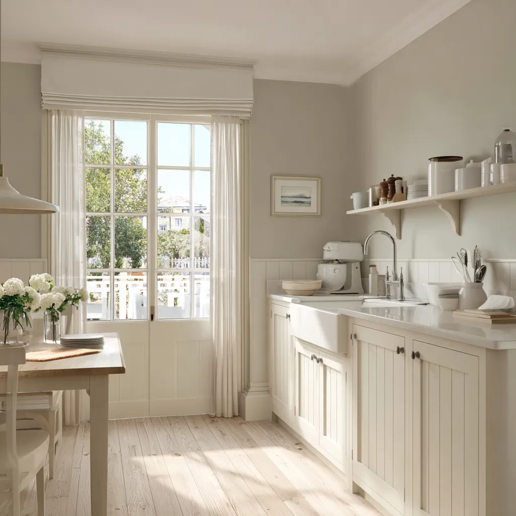 Minimal shabby chic kitchen with vertical paneled cabinetry, a farmhouse sink, long curtains at a glazed door Minimal shabby chic kitchen with vertical paneled cabinetry, a farmhouse sink, long curtains at a glazed door
