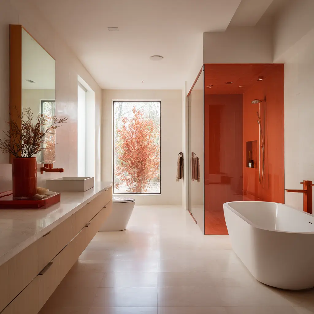 Minimal warm white bathroom with pale stone floors, light wood vanity, white basin and tub, and a vivid red-orange shower enclosure