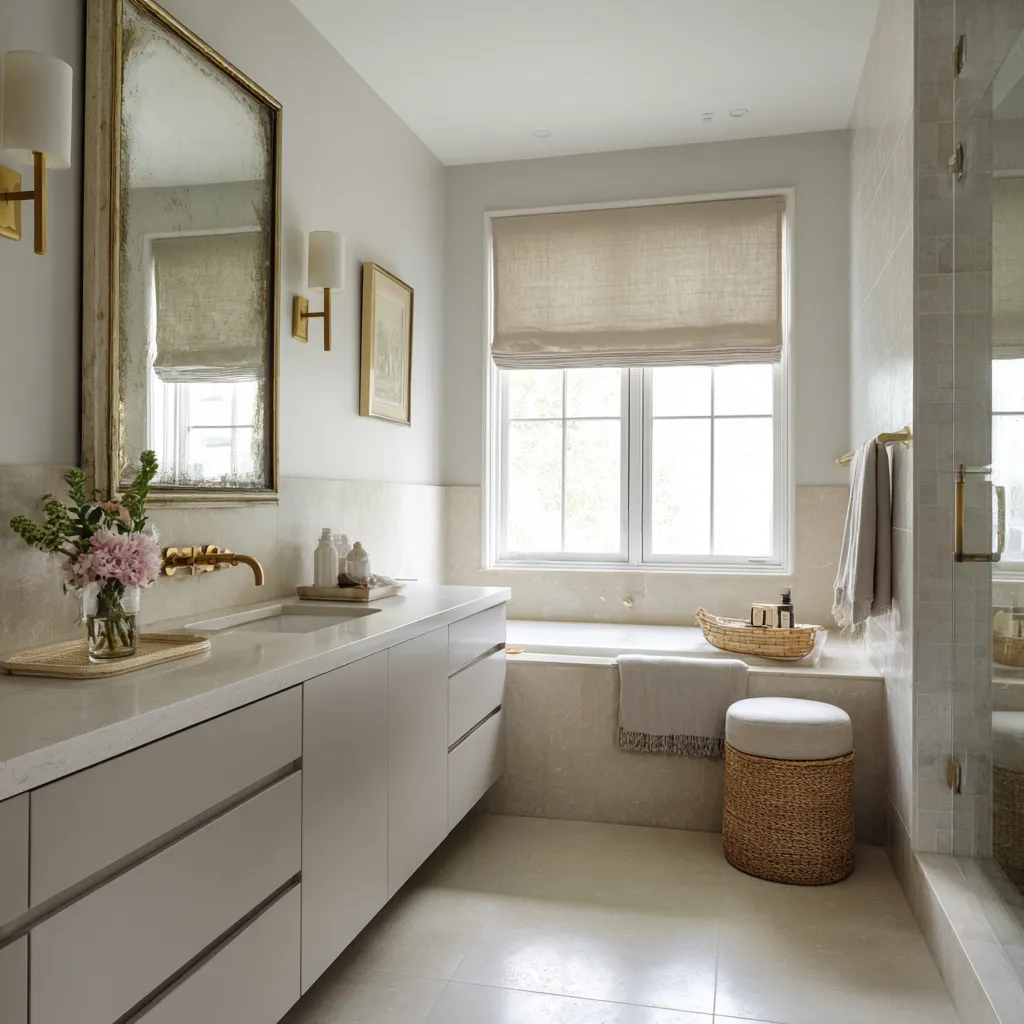 Minimalist shabby chic bathroom with flat-front vanity, wall-mounted brass faucet, antique foxed mirror, Roman shade Minimalist shabby chic bathroom with flat-front vanity, wall-mounted brass faucet, antique foxed mirror, Roman shade