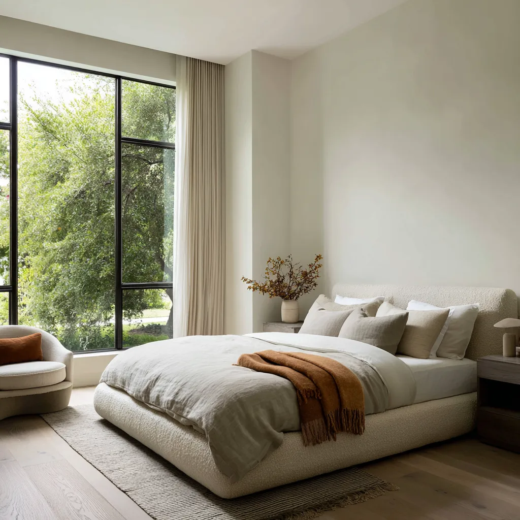 Modern California chic bedroom with a large black-framed window, low cream upholstered bed, rust throw, curved lounge chair Modern California chic bedroom with a large black-framed window, low cream upholstered bed, rust throw, curved lounge chair