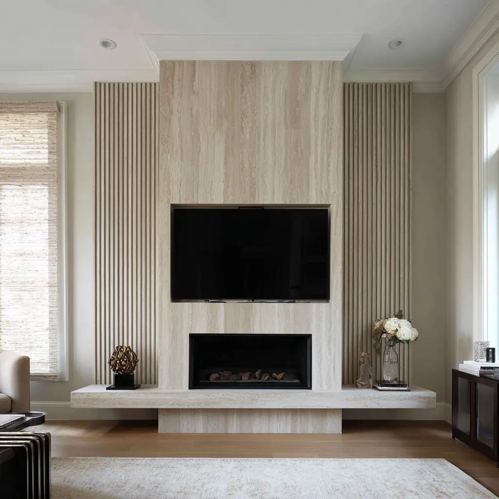 Modern TV wall with central beige stone slab, mounted television above a linear fireplace, fluted wall panels on both sides Modern TV wall with central beige stone slab, mounted television above a linear fireplace, fluted wall panels on both sides