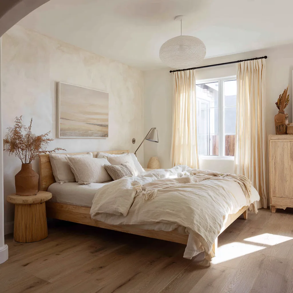Modern bedroom leans toward a very pared-back California boho expression where the style lives in tone, finish, and mood Modern bedroom leans toward a very pared-back California boho expression where the style lives in tone, finish, and mood