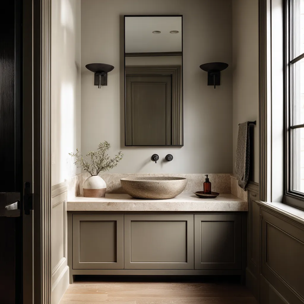 Modern moody Colonial bathroom design with a dark paneled vanity, pale stone top, rounded vessel sink, tall narrow mirror Modern moody Colonial bathroom design with a dark paneled vanity, pale stone top, rounded vessel sink, tall narrow mirror