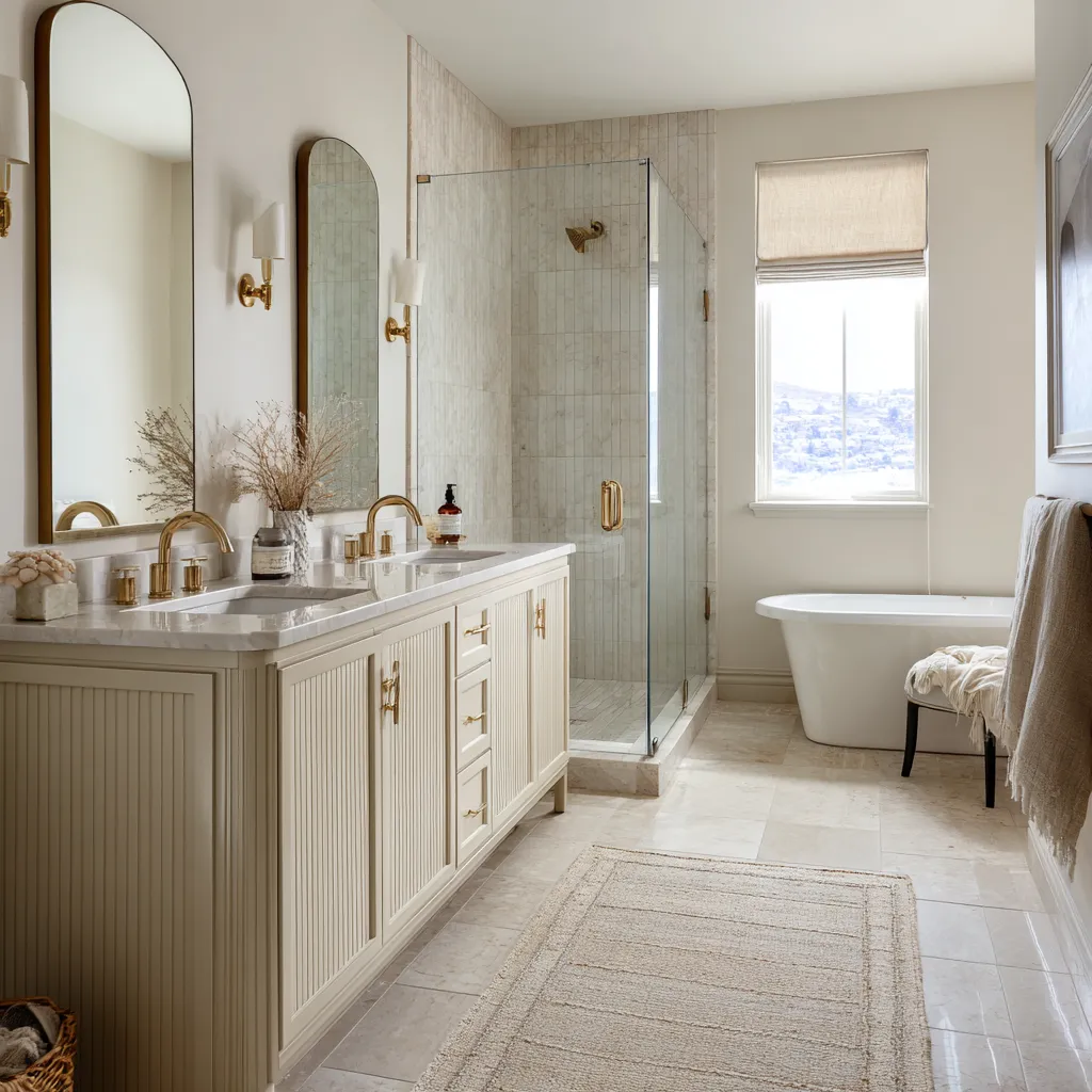Modern shabby chic bathroom with a long double vanity in ribbed cream cabinetry, integrated marble sinks Modern shabby chic bathroom with a long double vanity in ribbed cream cabinetry, integrated marble sinks