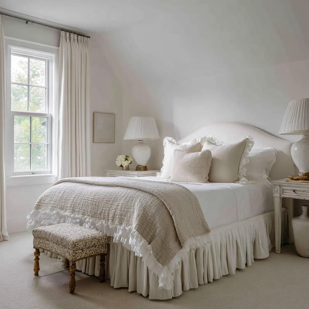 Modern shabby chic bedroom ideas with an arched upholstered headboard, layered white and cream bedding, ruffled pillows Modern shabby chic bedroom ideas with an arched upholstered headboard, layered white and cream bedding, ruffled pillows