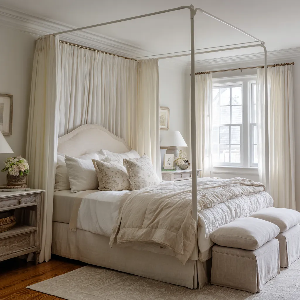 Modern shabby chic canopy bedroom with pale drapery panels enclosing the bed, a curved upholstered headboard Modern shabby chic canopy bedroom with pale drapery panels enclosing the bed, a curved upholstered headboard