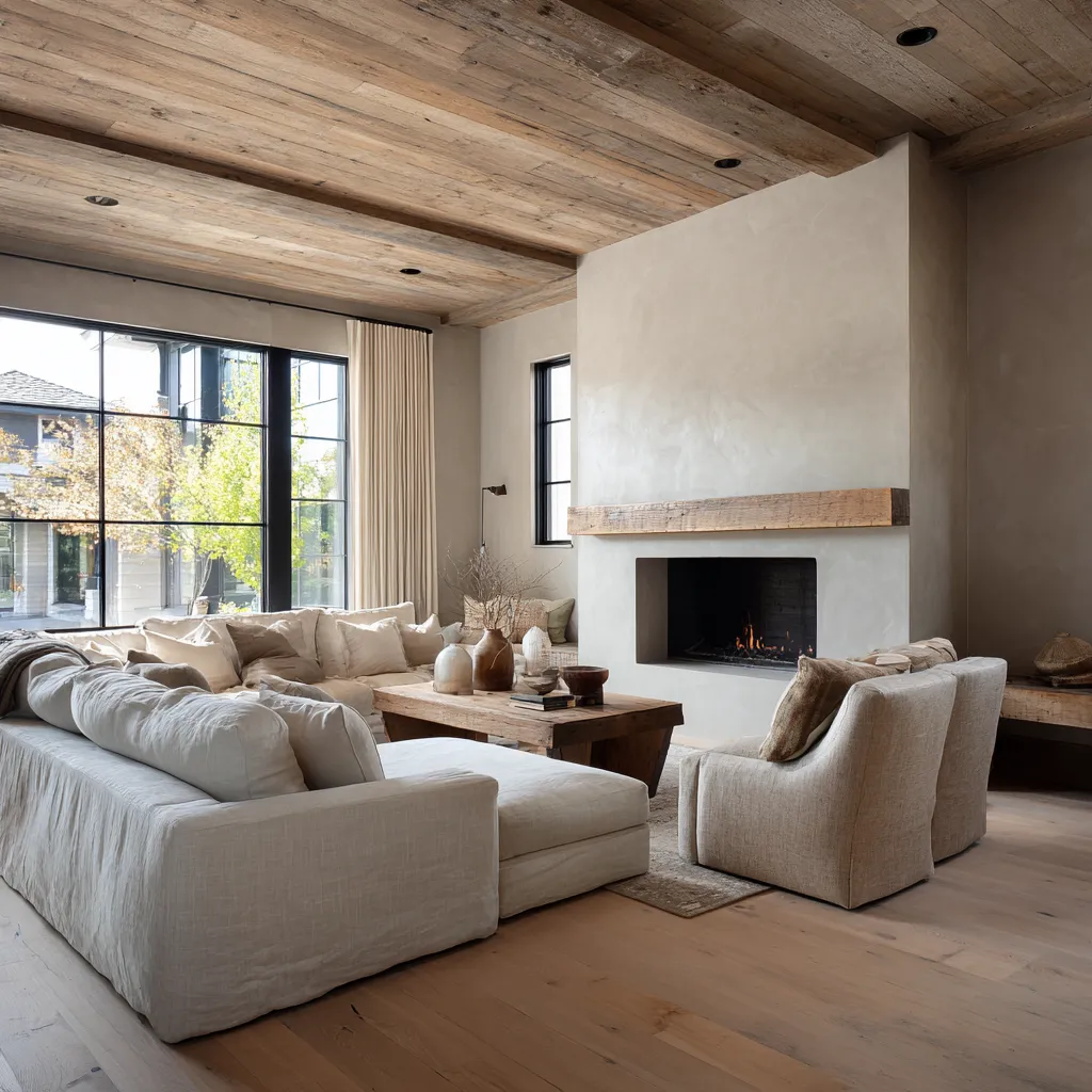 Modern shabby chic living room ideas with oversized cream sectional, plaster fireplace, black-framed windows Modern shabby chic living room ideas with oversized cream sectional, plaster fireplace, black-framed windows