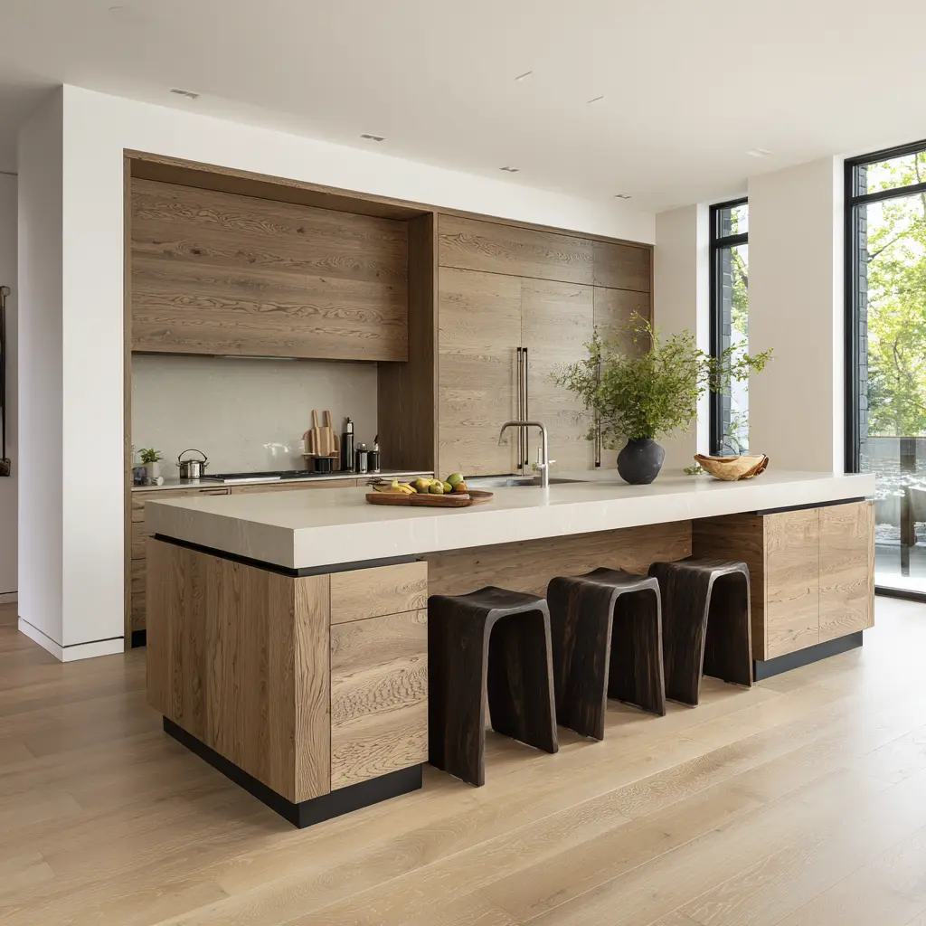 Modern wood kitchen island with a thick pale slab top, recessed shadow gap, sculptural dark stools, and a full-height wood cabinet Modern wood kitchen island with a thick pale slab top, recessed shadow gap, sculptural dark stools, and a full-height wood cabinet