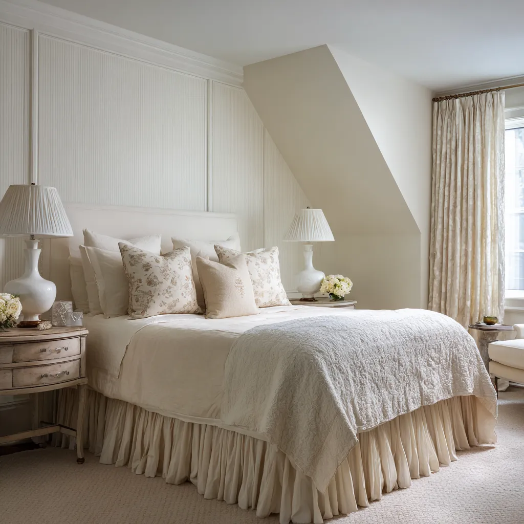 Monochrome modern shabby chic bedroom with creamy paneled walls, a sloped ceiling, pleated ceramic lamps Monochrome modern shabby chic bedroom with creamy paneled walls, a sloped ceiling, pleated ceramic lamps
