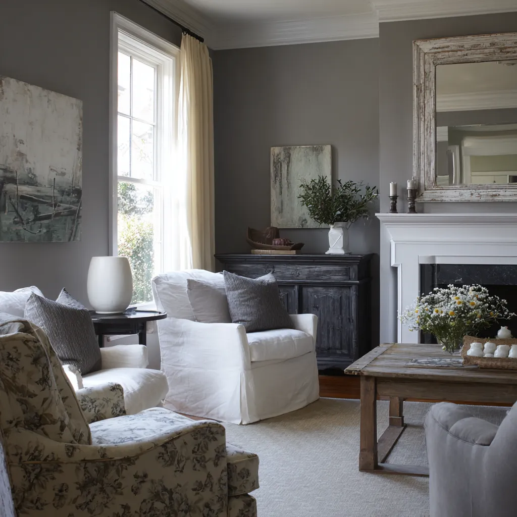 Moody modern shabby chic living room with charcoal-gray walls, white fireplace, floral wing chair Moody modern shabby chic living room with charcoal-gray walls, white fireplace, floral wing chair