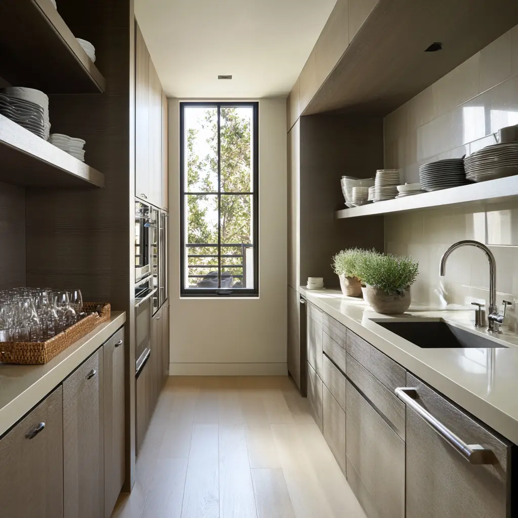 Moody narrow galley scullery with rich dark wood cabinetry, pale counters, open shelf above sink, grouped glasses, plants Moody narrow galley scullery with rich dark wood cabinetry, pale counters, open shelf above sink, grouped glasses, plants