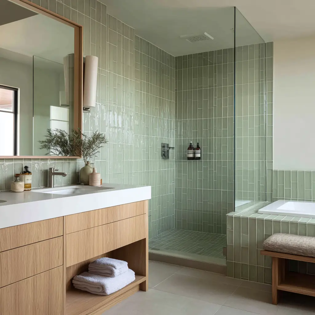 Muted Eucalyptus Bathroom with Soft Green Vertical Tile and Warm Natural Balance