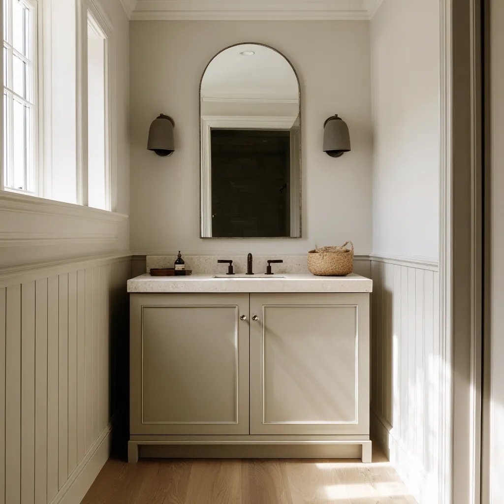 Narrow Colonial bathroom with vertical wall paneling, a greige paneled vanity, arched mirror, matching sconces Narrow Colonial bathroom with vertical wall paneling, a greige paneled vanity, arched mirror, matching sconces