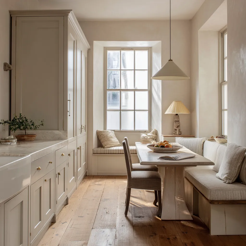 Narrow eat-in kitchen with pale cabinetry on one side, a striped upholstered banquette on the other, a slim centr Narrow eat-in kitchen with pale cabinetry on one side, a striped upholstered banquette on the other, a slim centr
