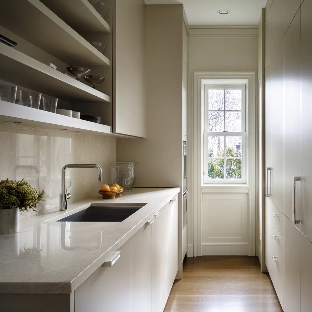 Narrow scullery corridor with framed open shelves, pale stone counter, dark sink, tall closed cabinets opposite Narrow scullery corridor with framed open shelves, pale stone counter, dark sink, tall closed cabinets opposite