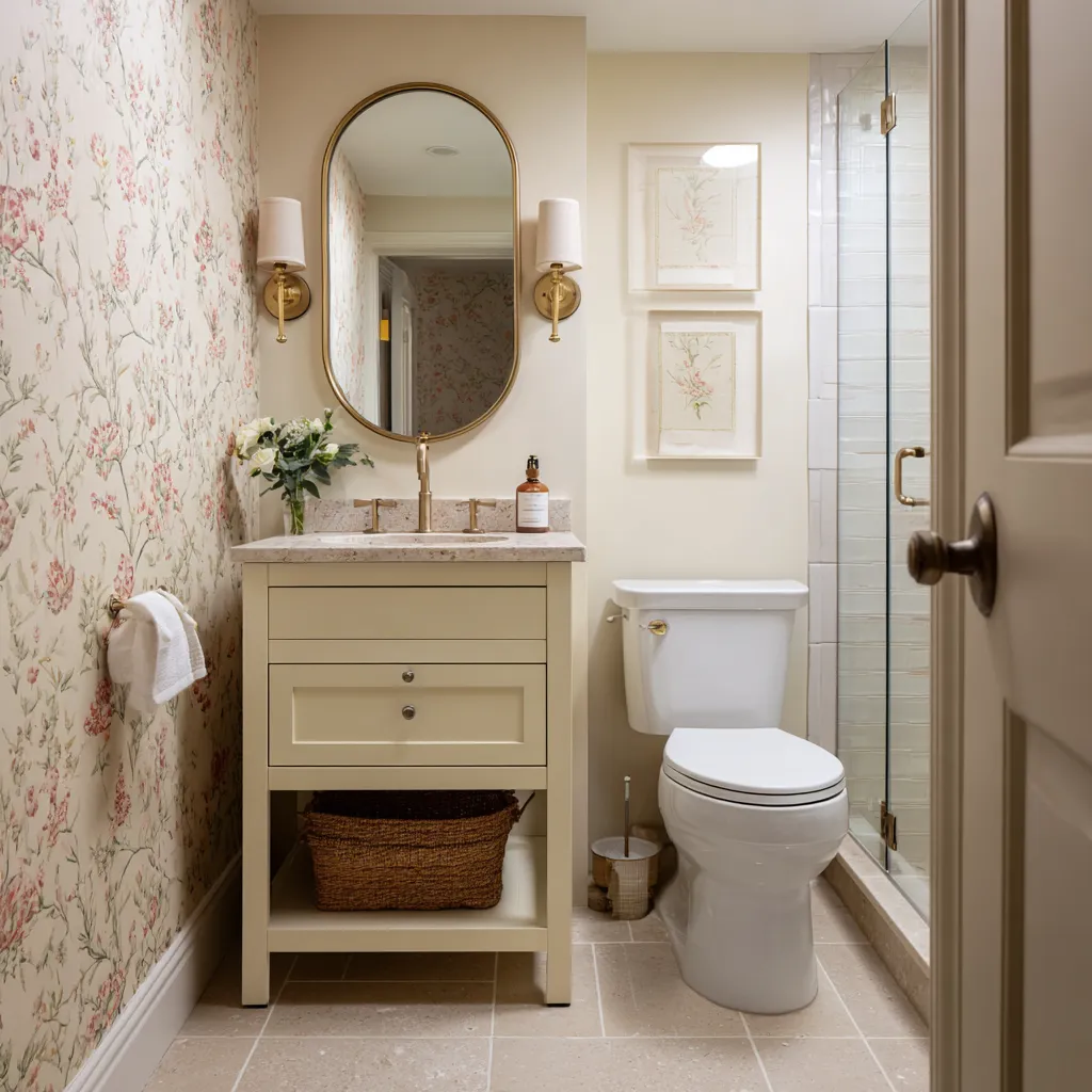 Narrow shabby chic bathroom with single floral wallpaper wall, painted vanity with lower basket shelf, oval brass mirror Narrow shabby chic bathroom with single floral wallpaper wall, painted vanity with lower basket shelf, oval brass mirror