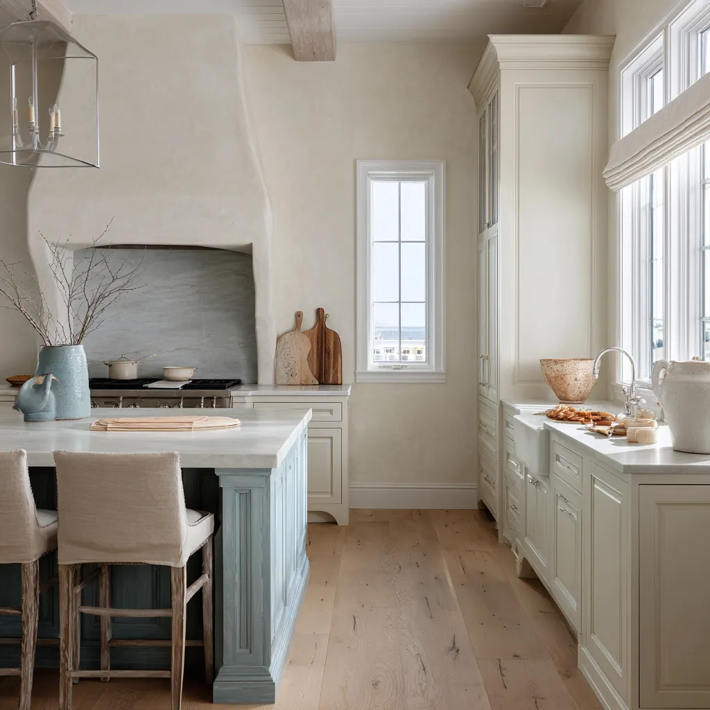 Narrow, tall shabby chic kitchen design with cream paneled cabinets, a sculpted plaster range hood, a faded blue island Narrow, tall shabby chic kitchen design with cream paneled cabinets, a sculpted plaster range hood, a faded blue island