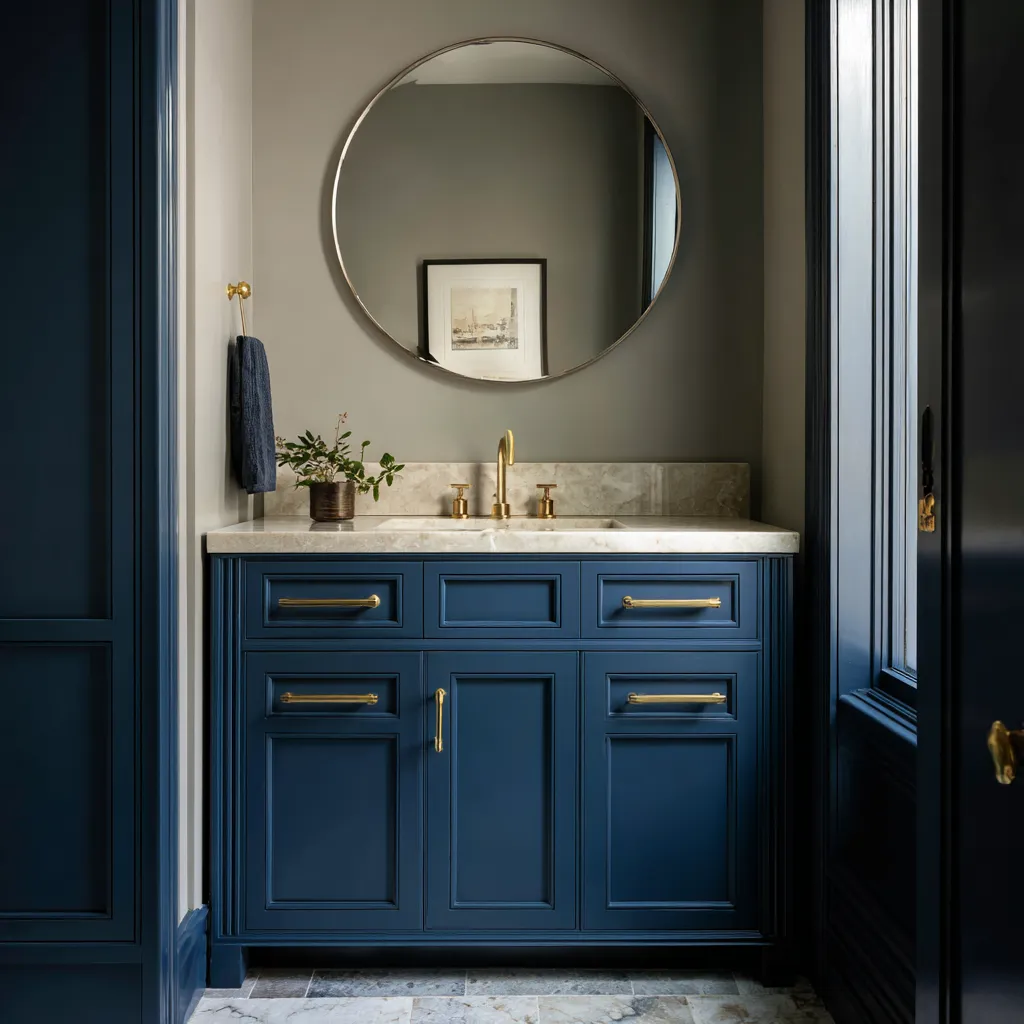 Nice Colonial bathroom design with a deep blue paneled vanity, matching dark trim, round brass-edged mirror Nice Colonial bathroom design with a deep blue paneled vanity, matching dark trim, round brass-edged mirror