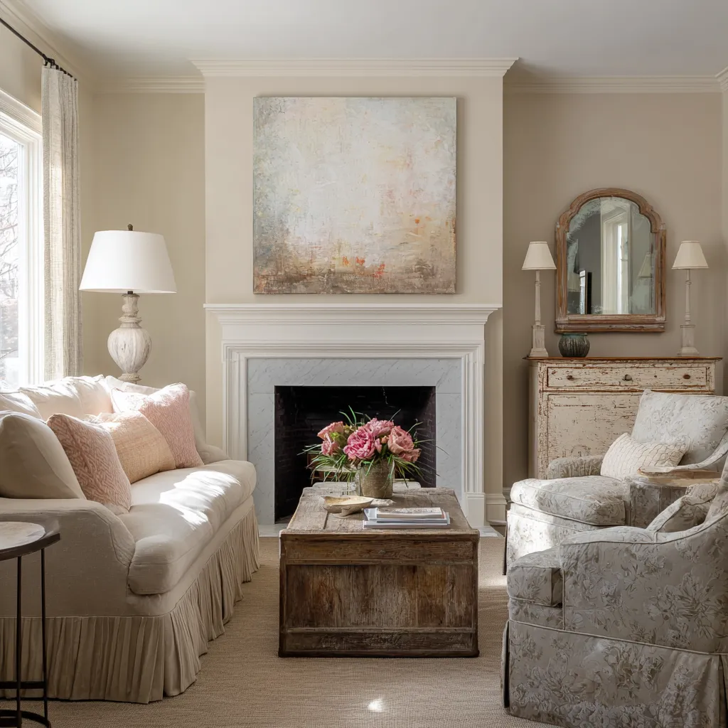 Nice romantic modern shabby chic living room with skirted sofa, floral chair, distressed cabinet, aged mirror, blush accents Nice romantic modern shabby chic living room with skirted sofa, floral chair, distressed cabinet, aged mirror, blush accents