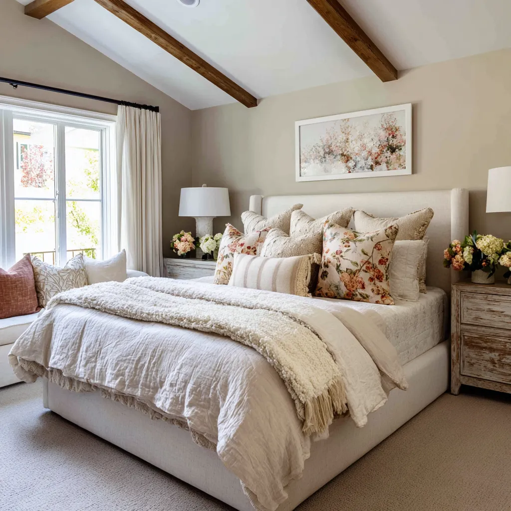 Nice rustic modern shabby chic bedroom with exposed beams, a simplified winged headboard, layered cream bedding, floral accent pillows Nice rustic modern shabby chic bedroom with exposed beams, a simplified winged headboard, layered cream bedding, floral accent pillows