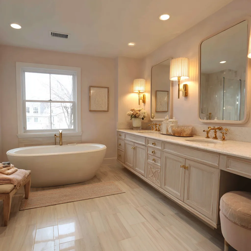 Nice shabby chic bathroom with pale blush walls, long paneled vanity with dressing-table knee space and upholstered stool Nice shabby chic bathroom with pale blush walls, long paneled vanity with dressing-table knee space and upholstered stool