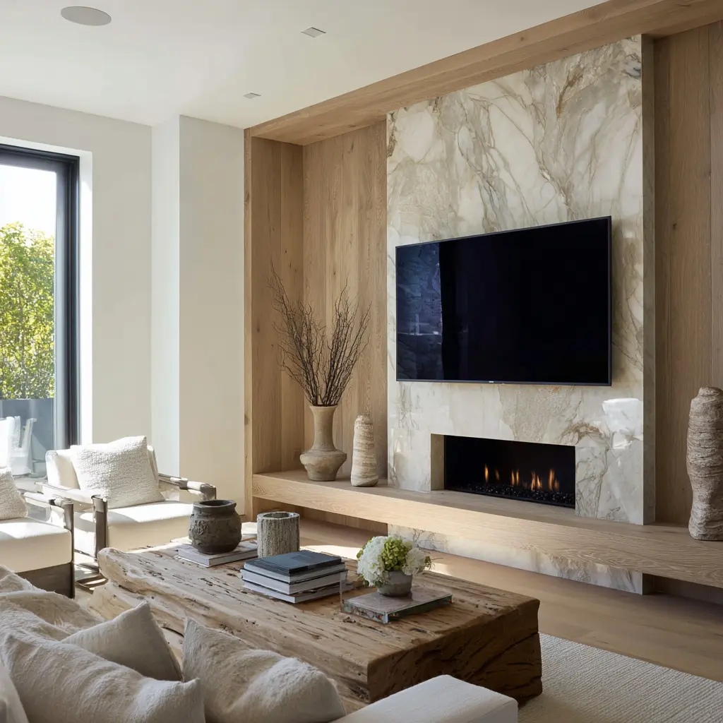 Oak framed TV wall with large beige stone slab center, linear fireplace below the screen, and tall open side niches with minimal decor Oak framed TV wall with large beige stone slab center, linear fireplace below the screen, and tall open side niches with minimal decor