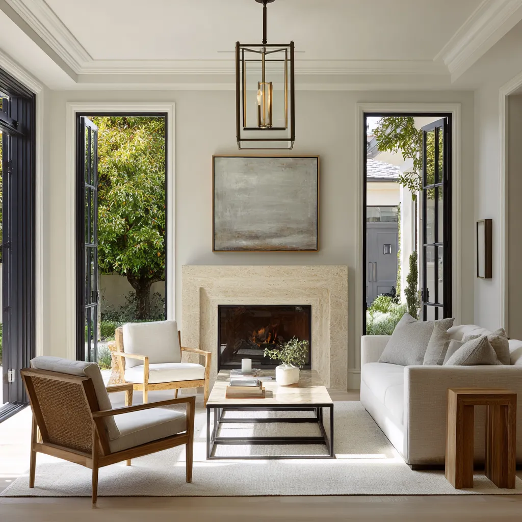 Open coastal-leaning Hamptons living room with bleached ceiling beams, black-framed terrace doors, a veined stone fireplace Open coastal-leaning Hamptons living room with bleached ceiling beams, black-framed terrace doors, a veined stone fireplace