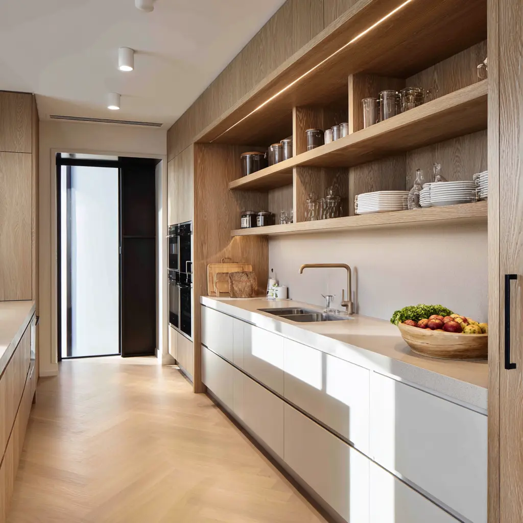 Open generous scullery with large wood-framed shelf wall, under-shelf lighting, pale counter, white base cabinets, tall concealed storage Open generous scullery with large wood-framed shelf wall, under-shelf lighting, pale counter, white base cabinets, tall concealed storage