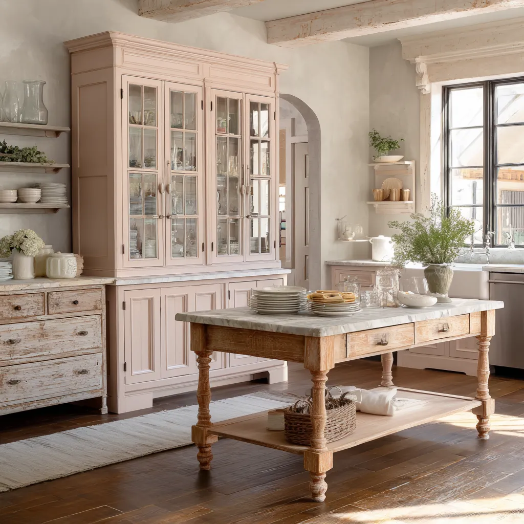 Open shabby chic kitchen assembled from furniture pieces, with a tall blush glass-front cabinet, distressed dress Open shabby chic kitchen assembled from furniture pieces, with a tall blush glass-front cabinet, distressed dress
