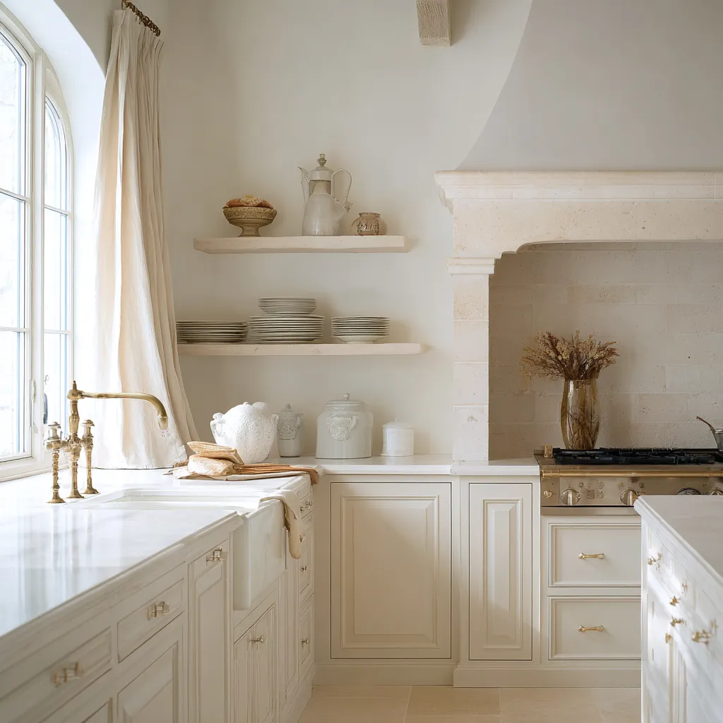 Pale French-influenced kitchen with a substantial limestone-look hood, arched window, long linen curtain Pale French-influenced kitchen with a substantial limestone-look hood, arched window, long linen curtain