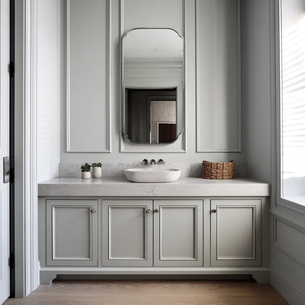 Pale gray Colonial bathroom with tall wall molding, a slim shaped mirror, paneled vanity, vessel sink, wall-mounted faucet Pale gray Colonial bathroom with tall wall molding, a slim shaped mirror, paneled vanity, vessel sink, wall-mounted faucet