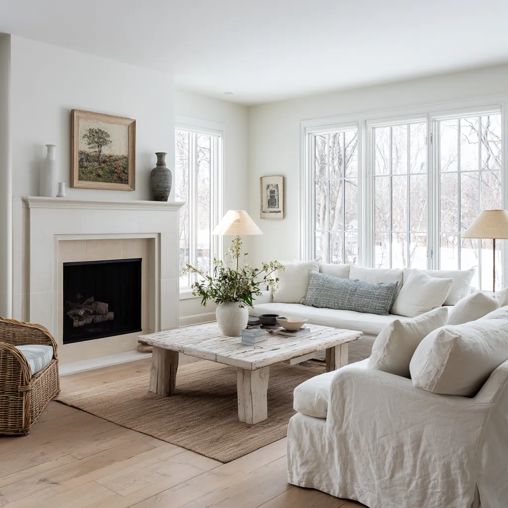 Pale modern shabby chic living room with white slipcovered seating, weathered wood coffee table, wicker chair Pale modern shabby chic living room with white slipcovered seating, weathered wood coffee table, wicker chair