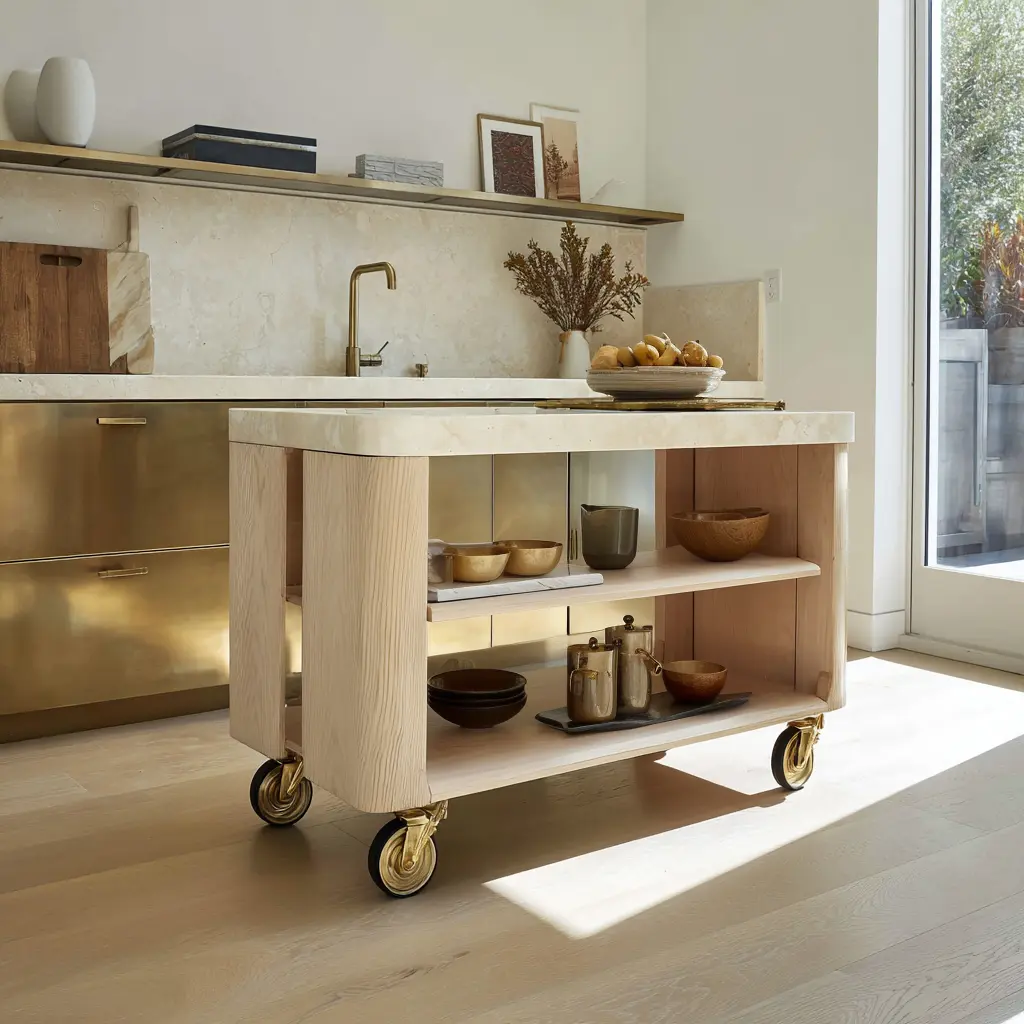 Pale wood kitchen cart with thick end panels, open middle shelves, large stone top, and brass-toned wheels