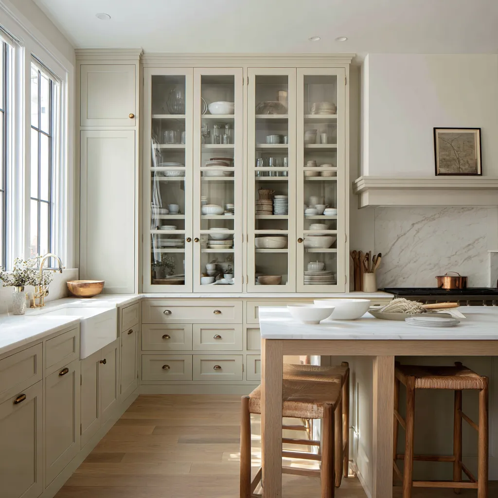 Pantry-centered shabby chic kitchen with a tall glass-front cabinet wall of neatly arranged dishes Pantry-centered shabby chic kitchen with a tall glass-front cabinet wall of neatly arranged dishes