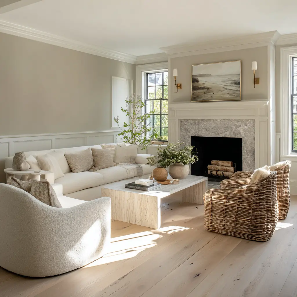Pearl-warm greige walls with panel molding, pale white-oak floors, crisp trim, light fireplace with black firebox, creamy sectional