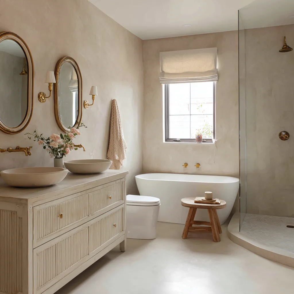 Plaster-finish modern shabby chic bathroom with ribbed vanity, vessel sinks, oval mirrors, pleated sconces Plaster-finish modern shabby chic bathroom with ribbed vanity, vessel sinks, oval mirrors, pleated sconces