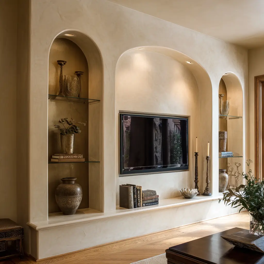 Plaster-style media wall with central arched TV niche, two side arched display alcoves with glass shelves, and warm decorative objects Plaster-style media wall with central arched TV niche, two side arched display alcoves with glass shelves, and warm decorative objects