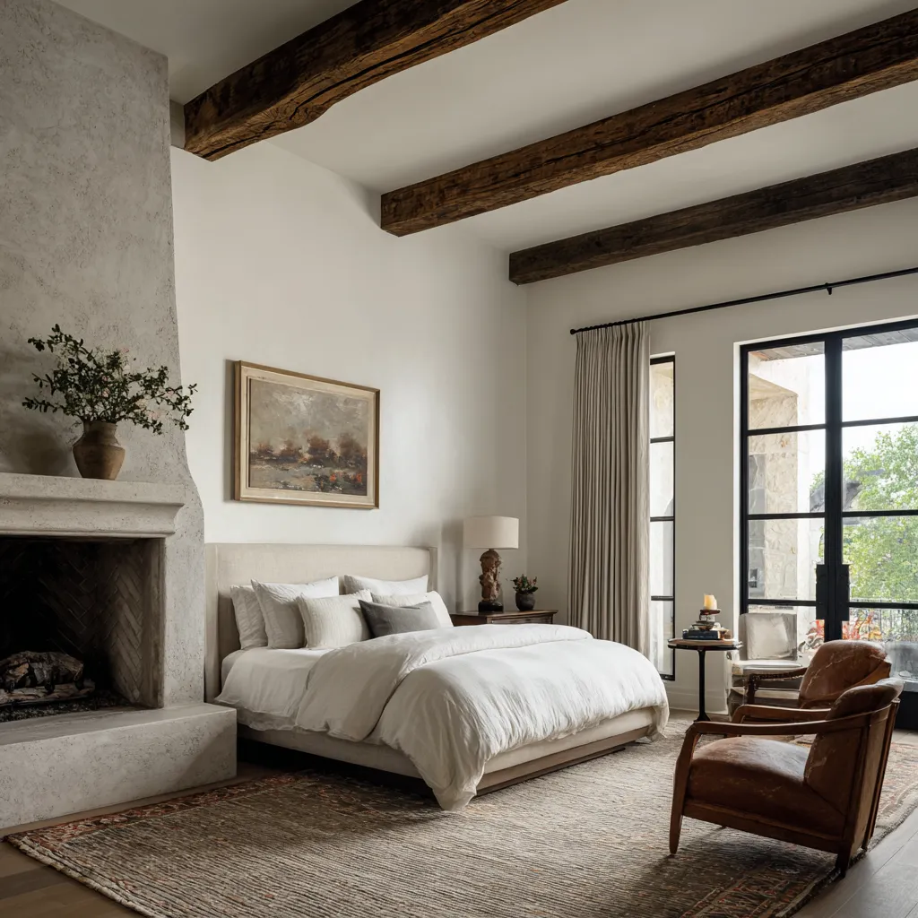 Polished Santa Barbara bedroom with a broad plaster fireplace, dark exposed beams Polished Santa Barbara bedroom with a broad plaster fireplace, dark exposed beams