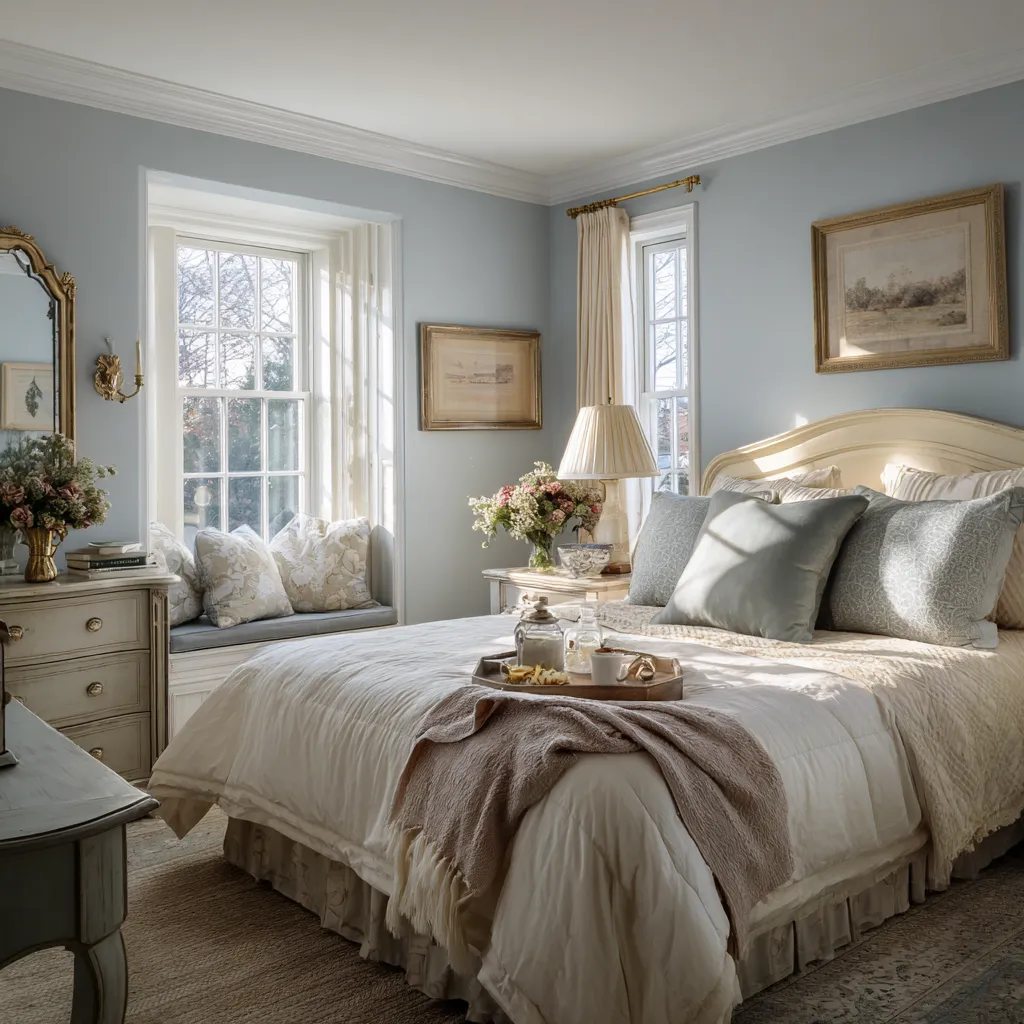 Polished modern shabby chic bedroom with powder blue walls, cream layered bedding, bed skirt, painted casegoods Polished modern shabby chic bedroom with powder blue walls, cream layered bedding, bed skirt, painted casegoods
