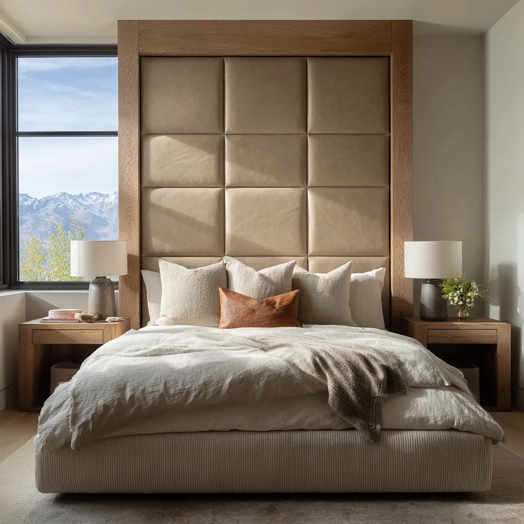 Polished mountain-modern bedroom featuring a tall taupe padded panel headboard wall framed in oak