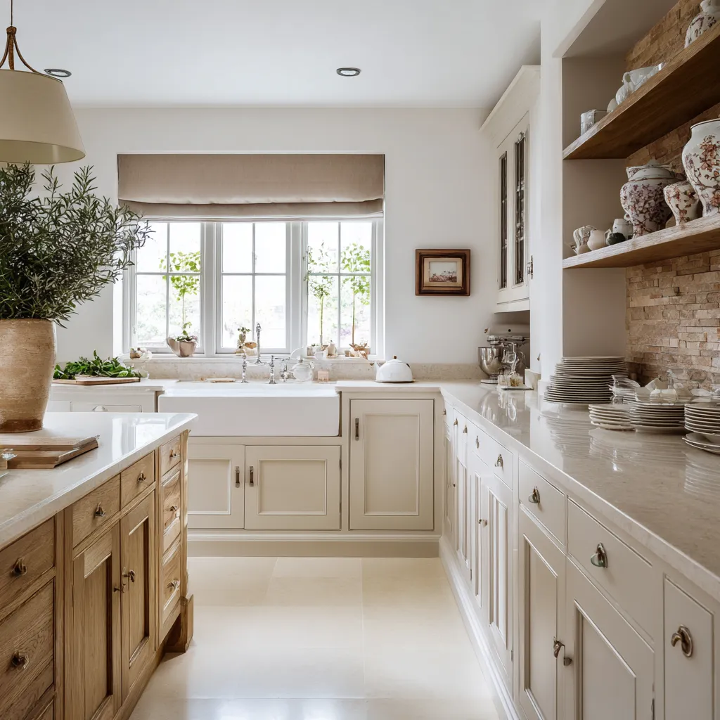 Polished shabby chic kitchen with creamy perimeter cabinets, a warm oak furniture-style island, a farmhouse sink Polished shabby chic kitchen with creamy perimeter cabinets, a warm oak furniture-style island, a farmhouse sink