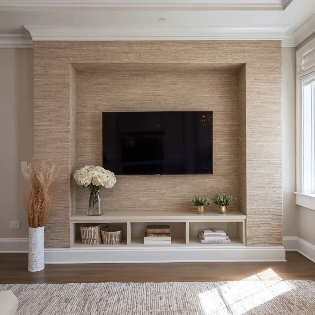 Recessed beige textured TV niche with woven wall surface, centered television, low open cubbies with baskets and books, and decorative flowers Recessed beige textured TV niche with woven wall surface, centered television, low open cubbies with baskets and books, and decorative flowers