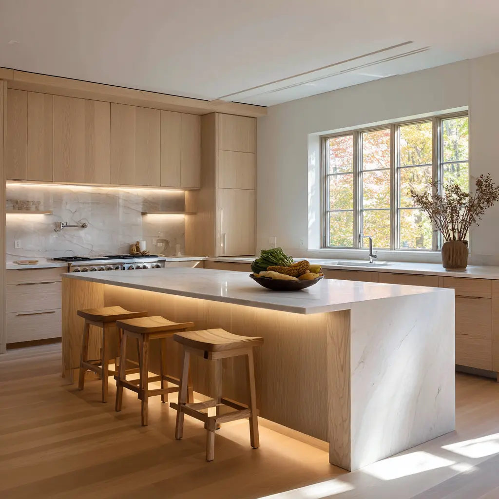 Rectilinear kitchen island with a stone end panel, warm wood center, glowing underlighting, pale neutral cabinetry, and simple stools Rectilinear kitchen island with a stone end panel, warm wood center, glowing underlighting, pale neutral cabinetry, and simple stools