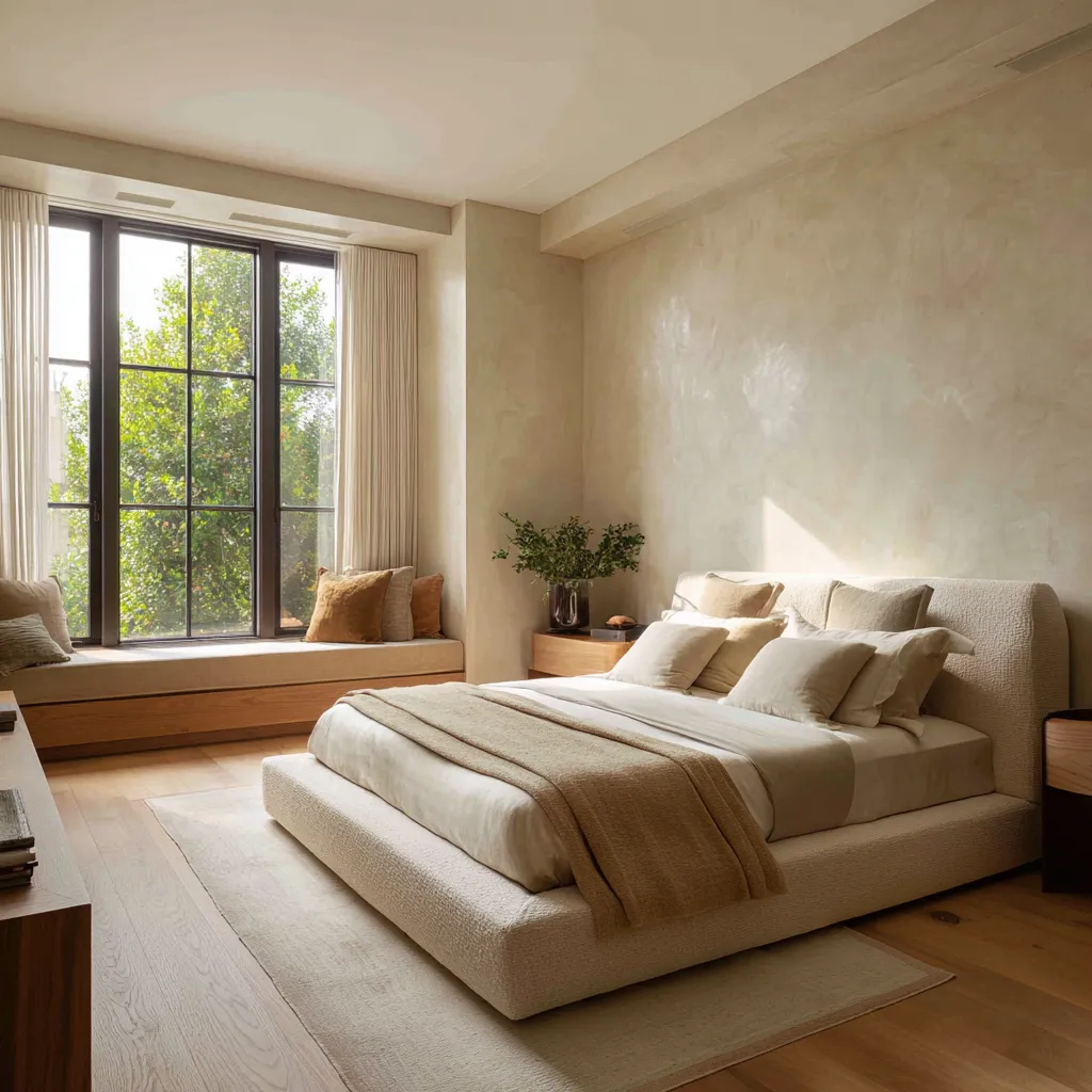 Reduced California chic bedroom with a large plastered wall, low nubby upholstered bed Reduced California chic bedroom with a large plastered wall, low nubby upholstered bed