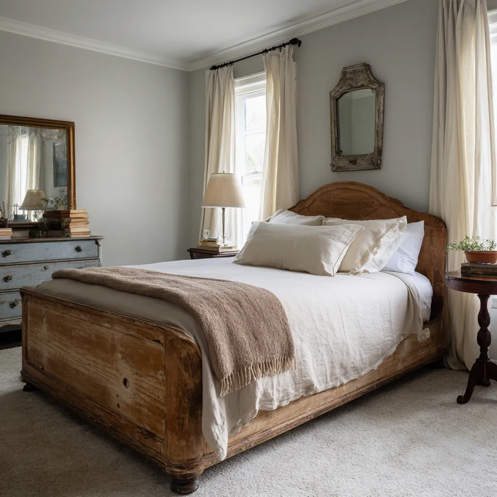 Reduced gray shabby chic bedroom with an aged wooden bed, white bedding, pale taupe throw, cool gray walls Reduced gray shabby chic bedroom with an aged wooden bed, white bedding, pale taupe throw, cool gray walls