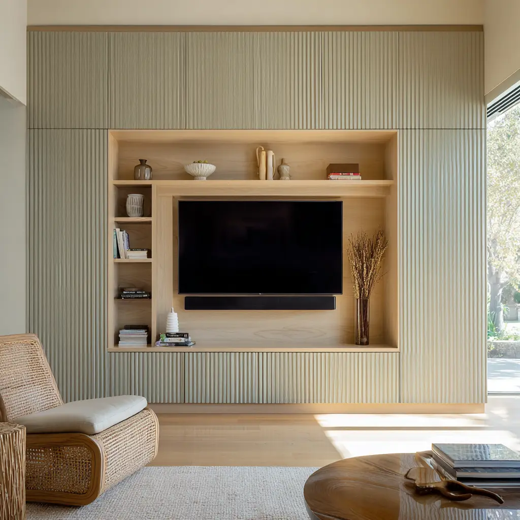 Reeded wood built-in TV wall with vertical fluted panels, recessed TV niche, open shelving on the left, and warm beige living room with woven lounge chair Reeded wood built-in TV wall with vertical fluted panels, recessed TV niche, open shelving on the left, and warm beige living room with woven lounge chair